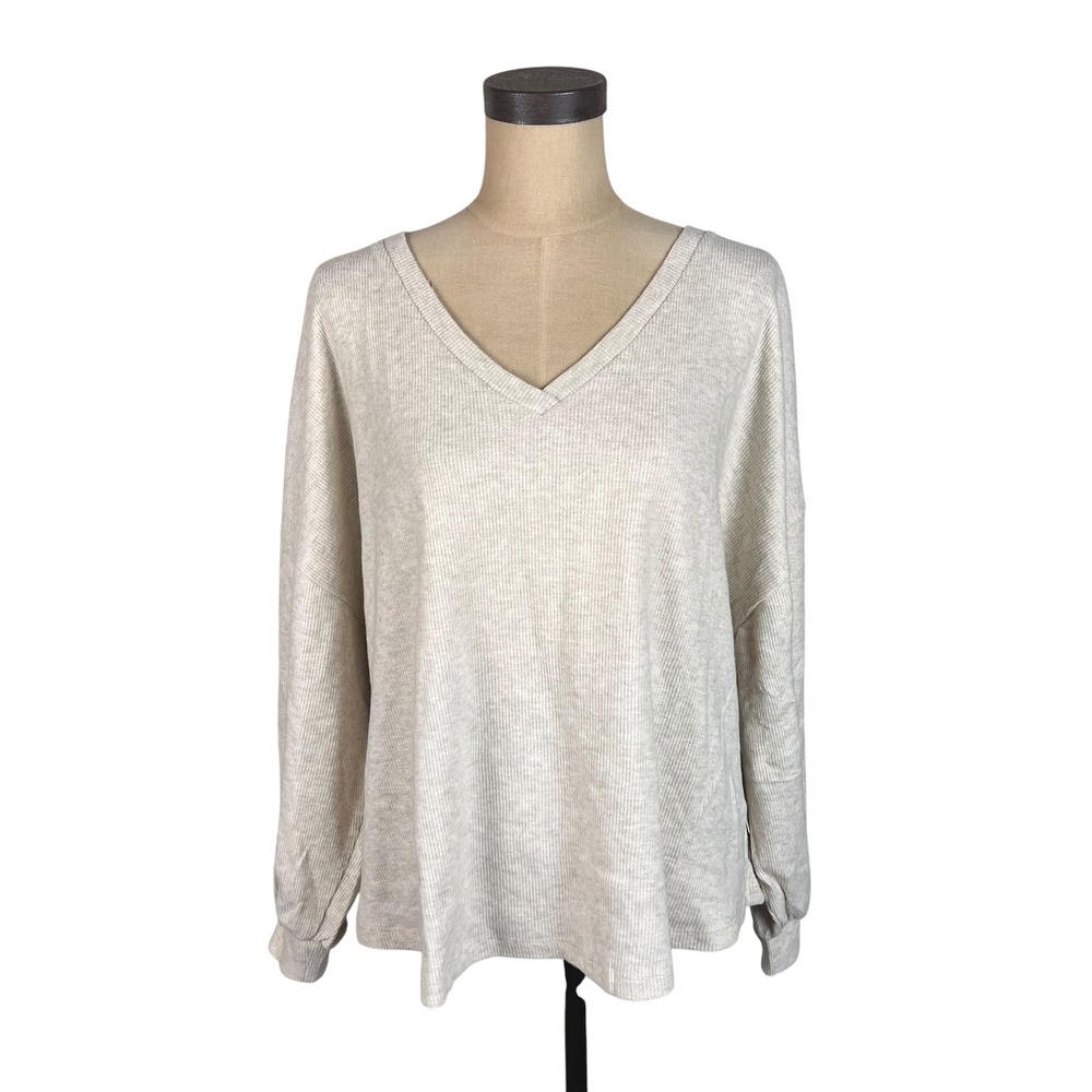a.n.a a new approach Oatmeal Heather Waffle Thermal V-Neck Top XXL NEW